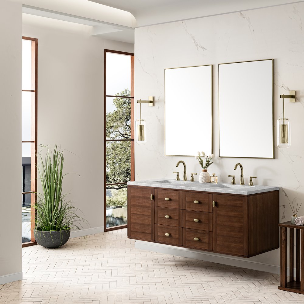 James Martin - Amberly 60" Double Vanity, Mid-Century Walnut w/ 3 CM Eternal Jasmine Pearl Top - 670-V60D-WLT-3EJP view 8