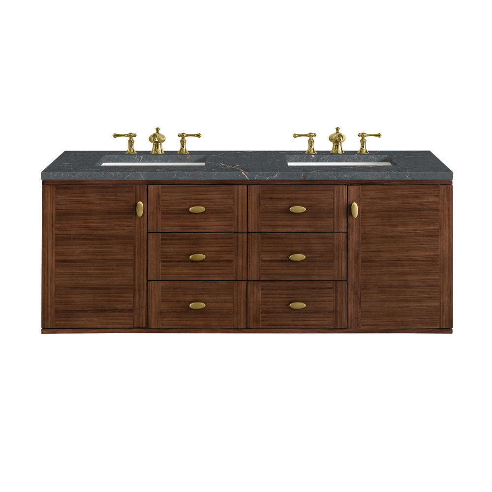 James Martin - Amberly 60" Double Vanity, Mid-Century Walnut w/ 3 CM Parisien Bleu Top w/FreePower Wireless Charger - 670-V60D-WLT-FPBL view 2