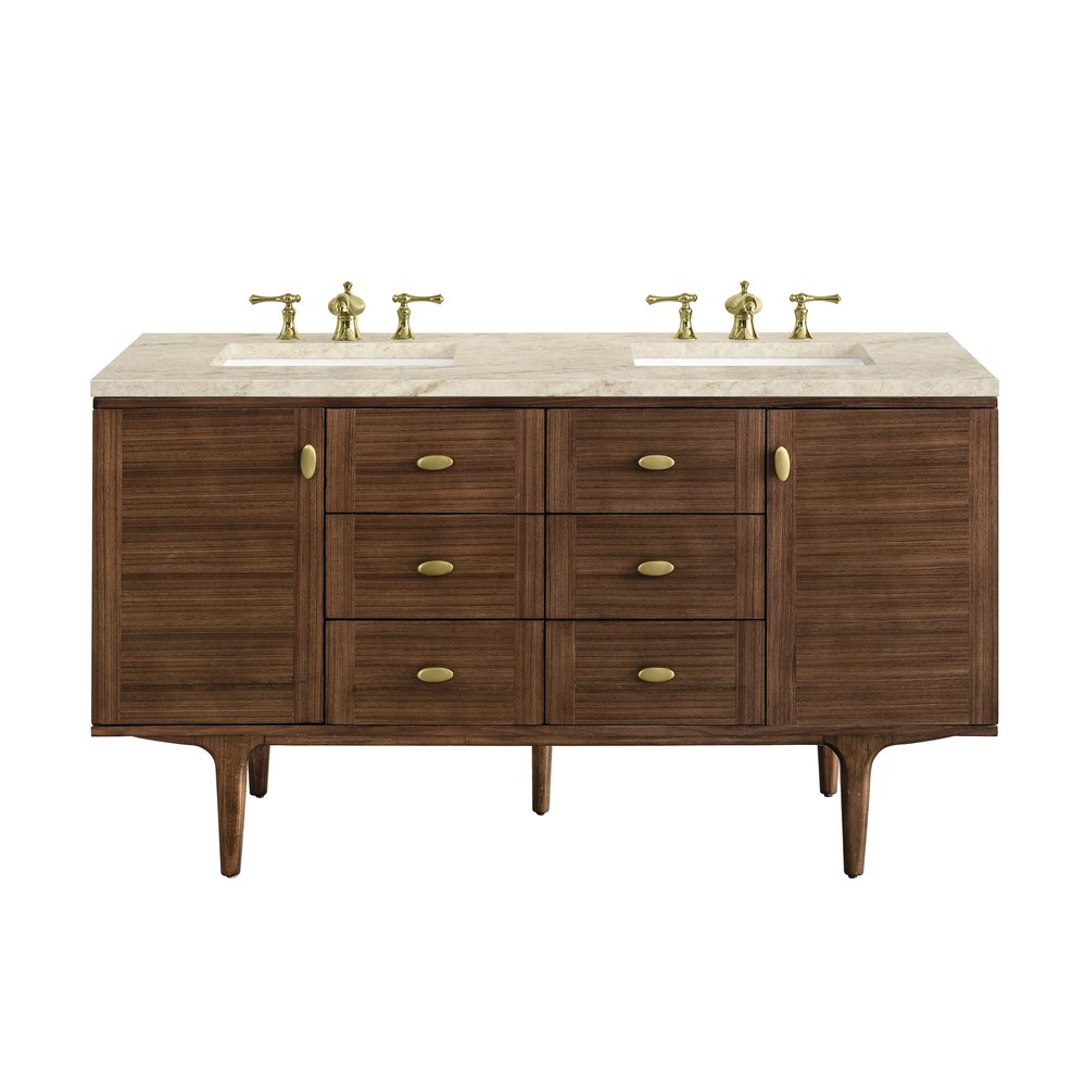 James Martin - Amberly 60" Double Vanity, Mid-Century Walnut, w/ 3 CM Tajnar Eclos Top w/FreePower Wireless Charger - 670-V60D-WLT-FTJR view 1