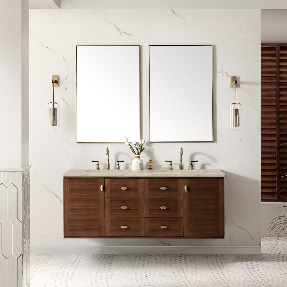 James Martin - Amberly 60" Double Vanity, Mid-Century Walnut, w/ 3 CM Tajnar Eclos Top w/FreePower Wireless Charger - 670-V60D-WLT-FTJR view 6