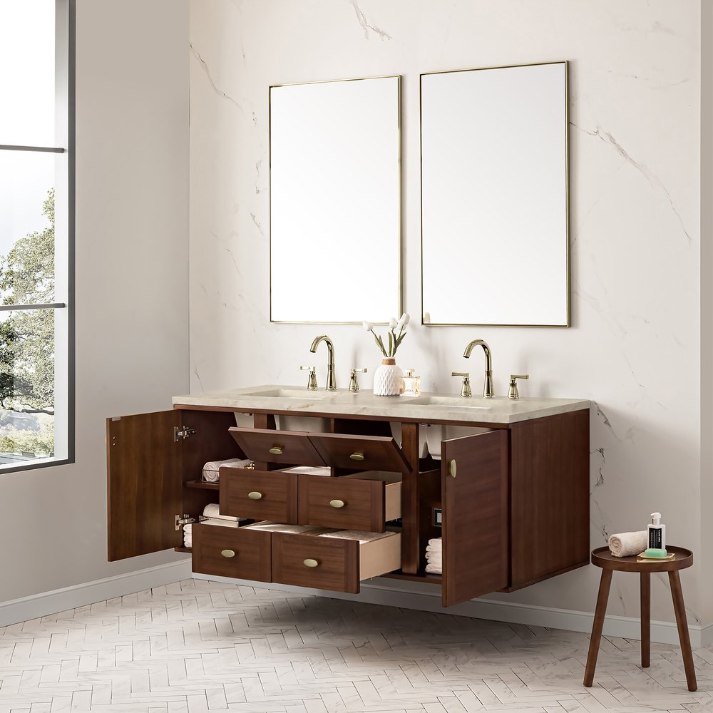 James Martin - Amberly 60" Double Vanity, Mid-Century Walnut, w/ 3 CM Tajnar Eclos Top w/FreePower Wireless Charger - 670-V60D-WLT-FTJR view 10