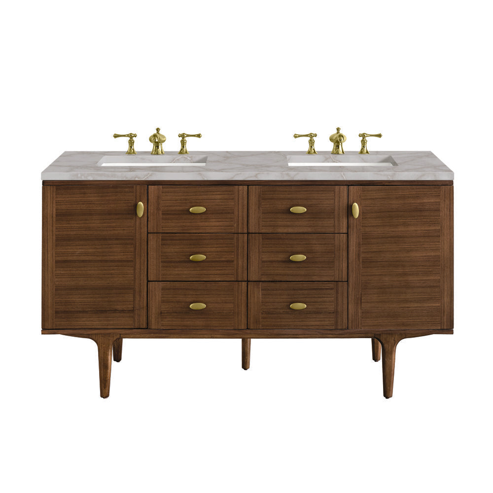 James Martin - Amberly 60" Double Vanity, Mid-Century Walnut w/ 3 CM Victorian Silver Top w/FreePower Wireless Charger - 670-V60D-WLT-FVSL view 1