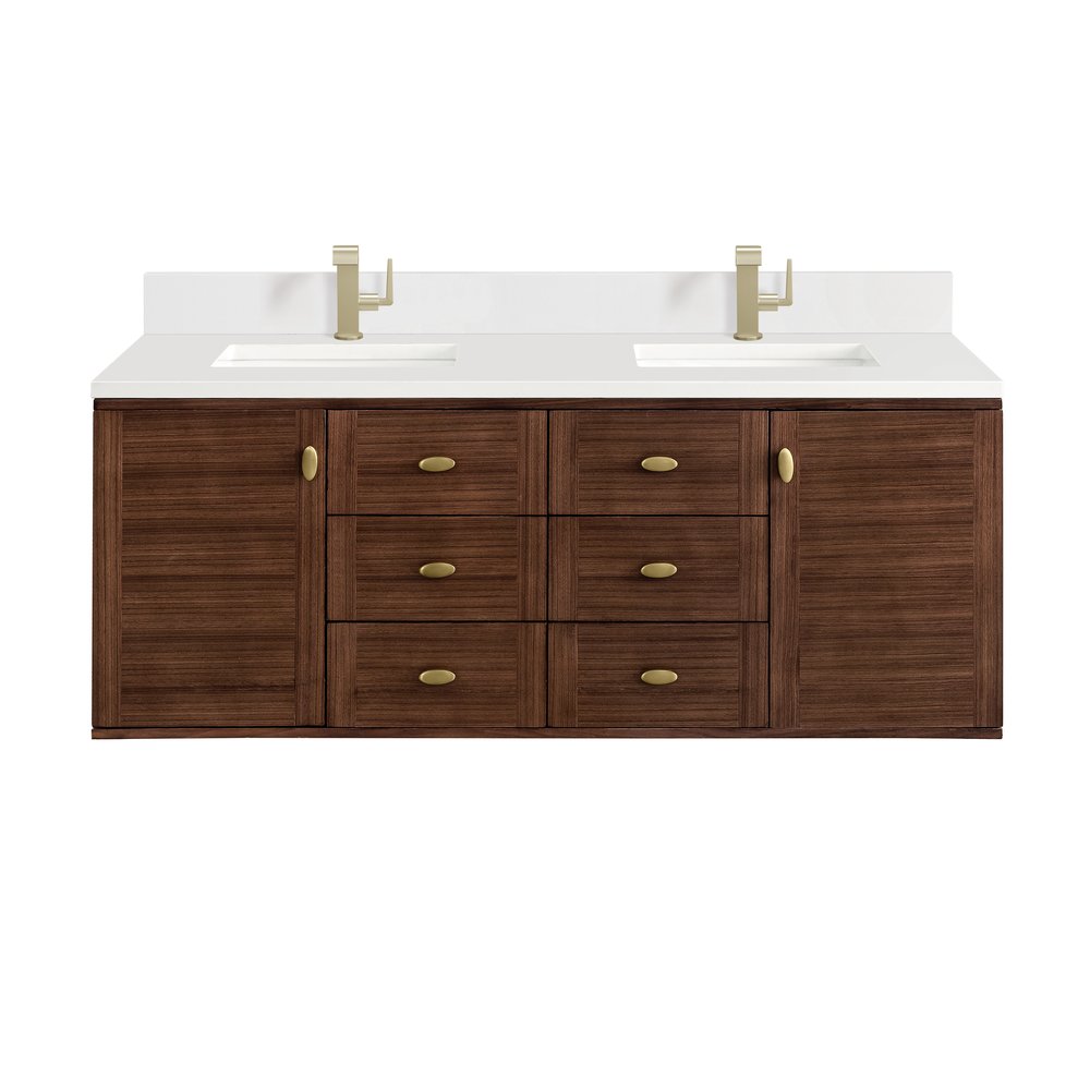 James Martin - Amberly 60" Double Vanity, Mid-Century Walnut w/ Single Hole 3 CM White Zeus Top & Backsplash - 670-V60D-WLT-1WZ view 1