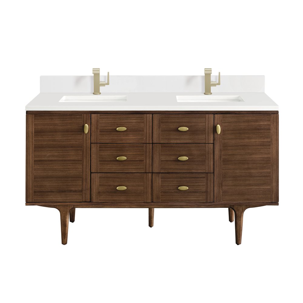 James Martin - Amberly 60" Double Vanity, Mid-Century Walnut w/ Single Hole 3 CM White Zeus Top & Backsplash - 670-V60D-WLT-1WZ view 2