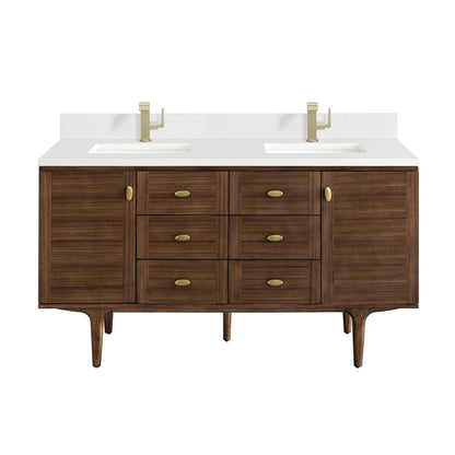James Martin - Amberly 60" Double Vanity, Mid-Century Walnut w/ Single Hole 3 CM White Zeus Top & Backsplash - 670-V60D-WLT-1WZ view 2