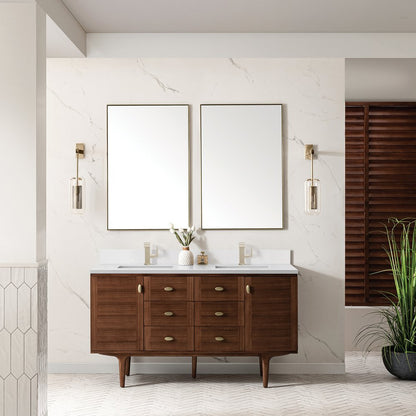 James Martin - Amberly 60" Double Vanity, Mid-Century Walnut w/ Single Hole 3 CM White Zeus Top & Backsplash - 670-V60D-WLT-1WZ view 6