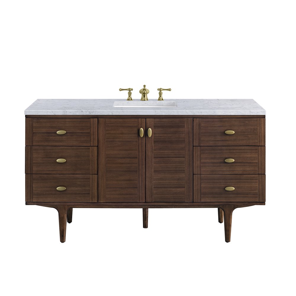 James Martin - Amberly 60" Single Vanity, Mid-Century Walnut w/ 3 CM Carrara Marble Top - 670-V60S-WLT-3CAR view 1