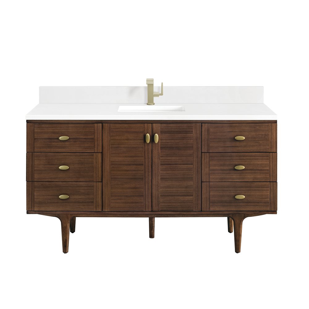 James Martin - Amberly 60" Single Vanity, Mid-Century Walnut w/ Single Hole 3 CM White Zeus Top & Backsplash - 670-V60S-WLT-1WZ view 2