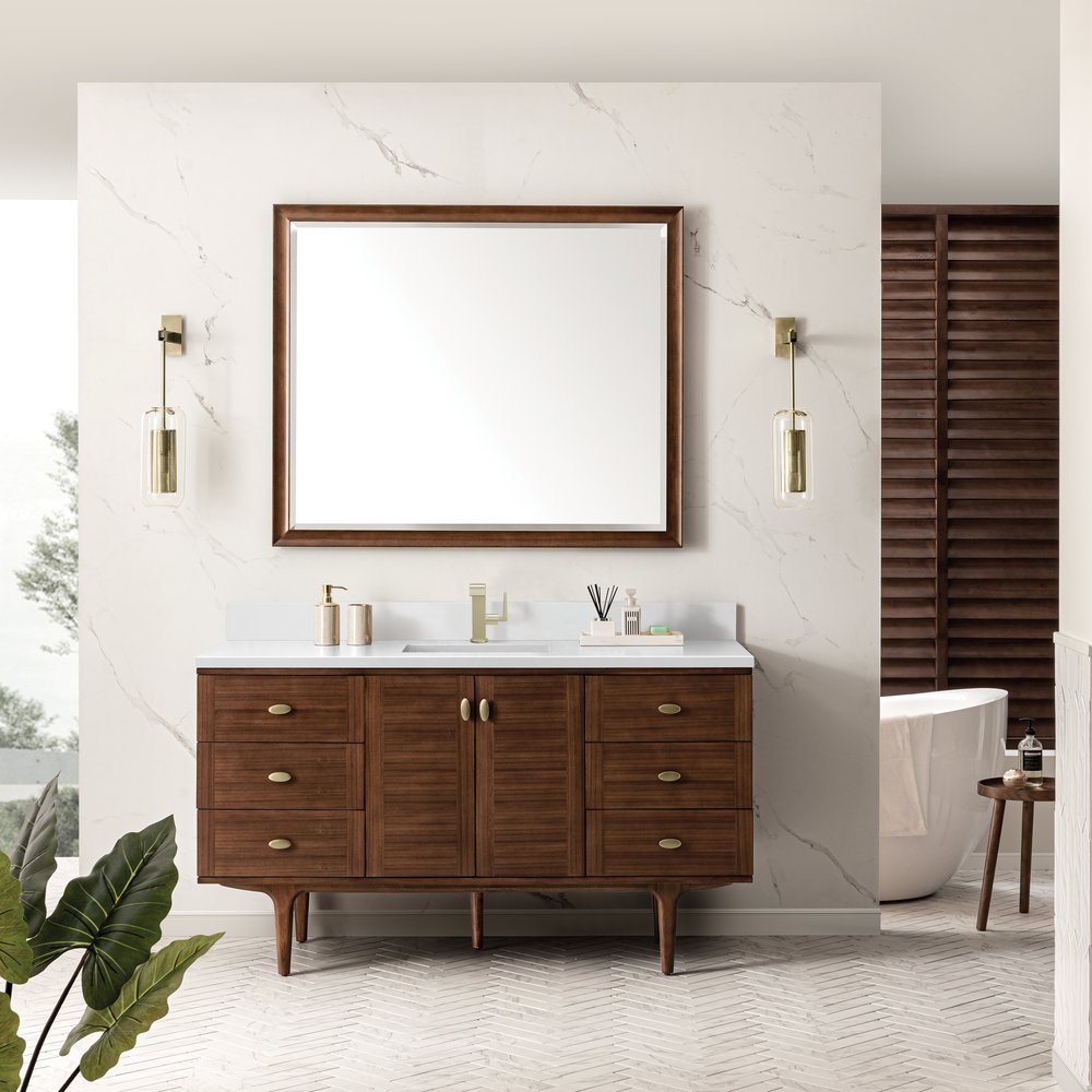 James Martin - Amberly 60" Single Vanity, Mid-Century Walnut w/ Single Hole 3 CM White Zeus Top & Backsplash - 670-V60S-WLT-1WZ view 5