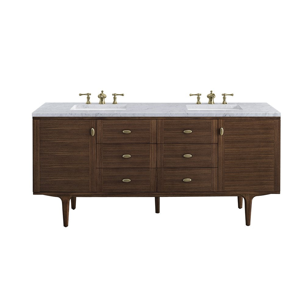 James Martin - Amberly 72" Double Vanity, Mid-Century Walnut w/ 3 CM Carrara Marble Top - 670-V72-WLT-3CAR view 1