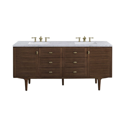 James Martin - Amberly 72" Double Vanity, Mid-Century Walnut w/ 3 CM Carrara Marble Top - 670-V72-WLT-3CAR view 1