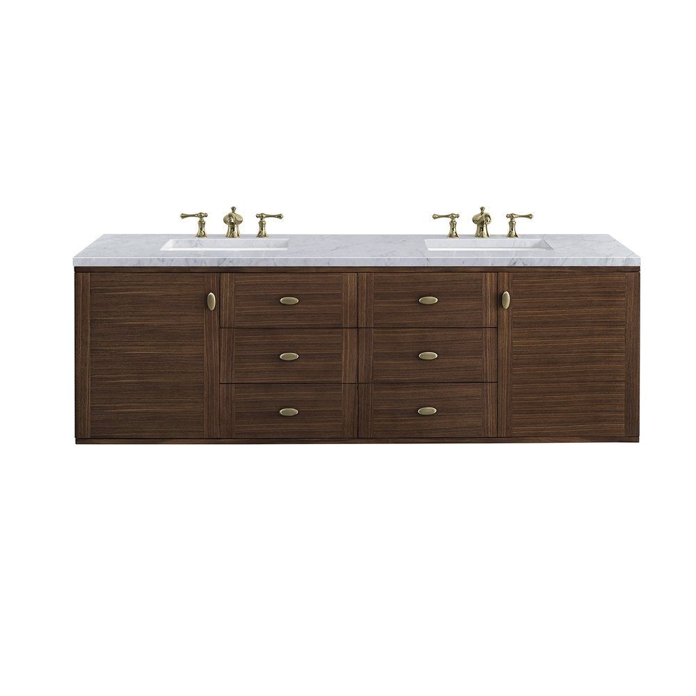 James Martin - Amberly 72" Double Vanity, Mid-Century Walnut w/ 3 CM Carrara Marble Top - 670-V72-WLT-3CAR view 2