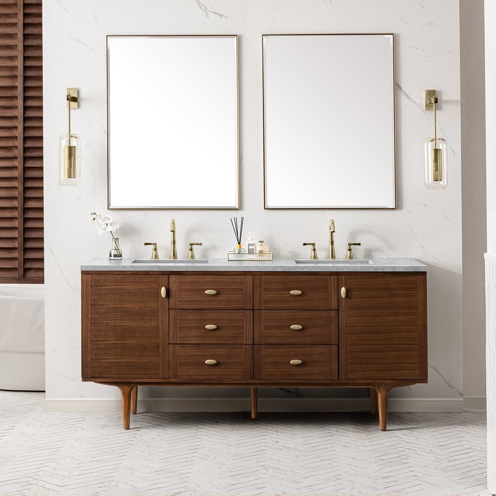 James Martin - Amberly 72" Double Vanity, Mid-Century Walnut w/ 3 CM Carrara Marble Top - 670-V72-WLT-3CAR view 5