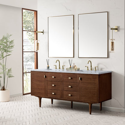 James Martin - Amberly 72" Double Vanity, Mid-Century Walnut w/ 3 CM Carrara Marble Top - 670-V72-WLT-3CAR view 7