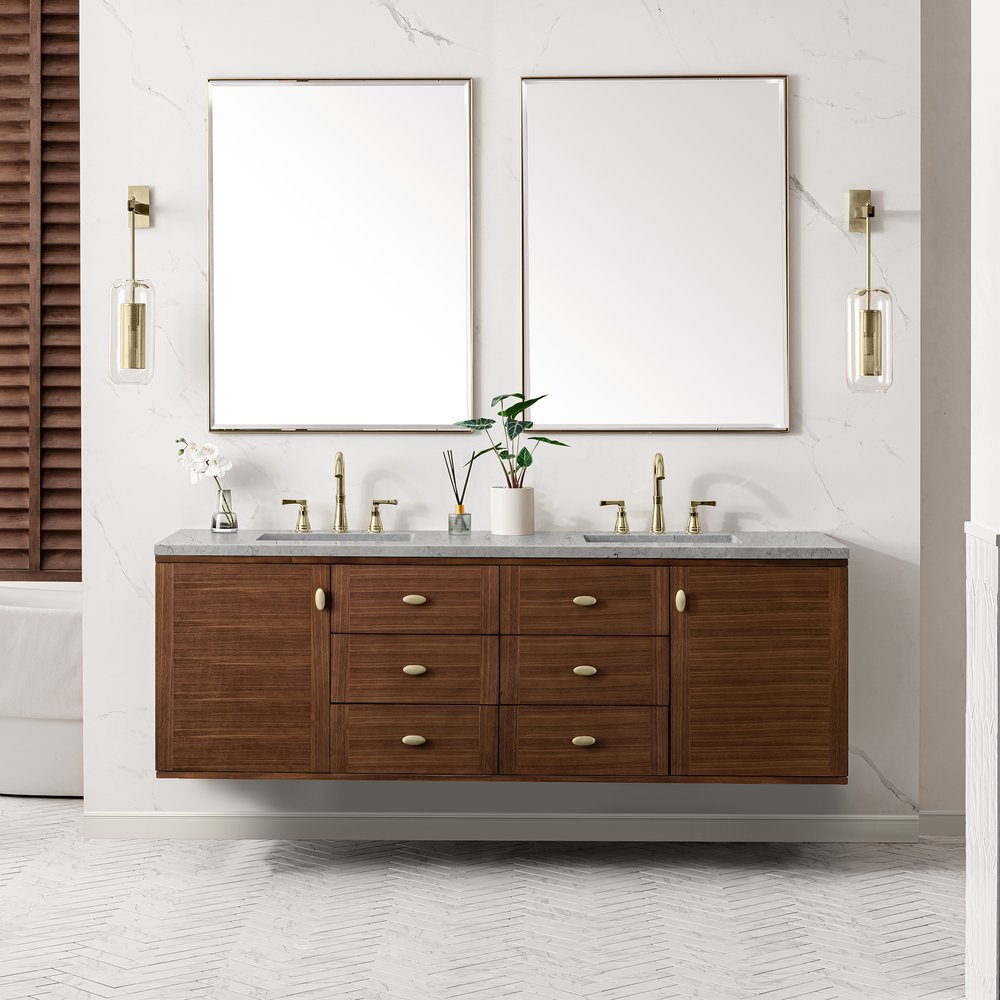 James Martin - Amberly 72" Double Vanity, Mid-Century Walnut w/ 3 CM Eternal Jasmine Pearl Top - 670-V72-WLT-3EJP view 6