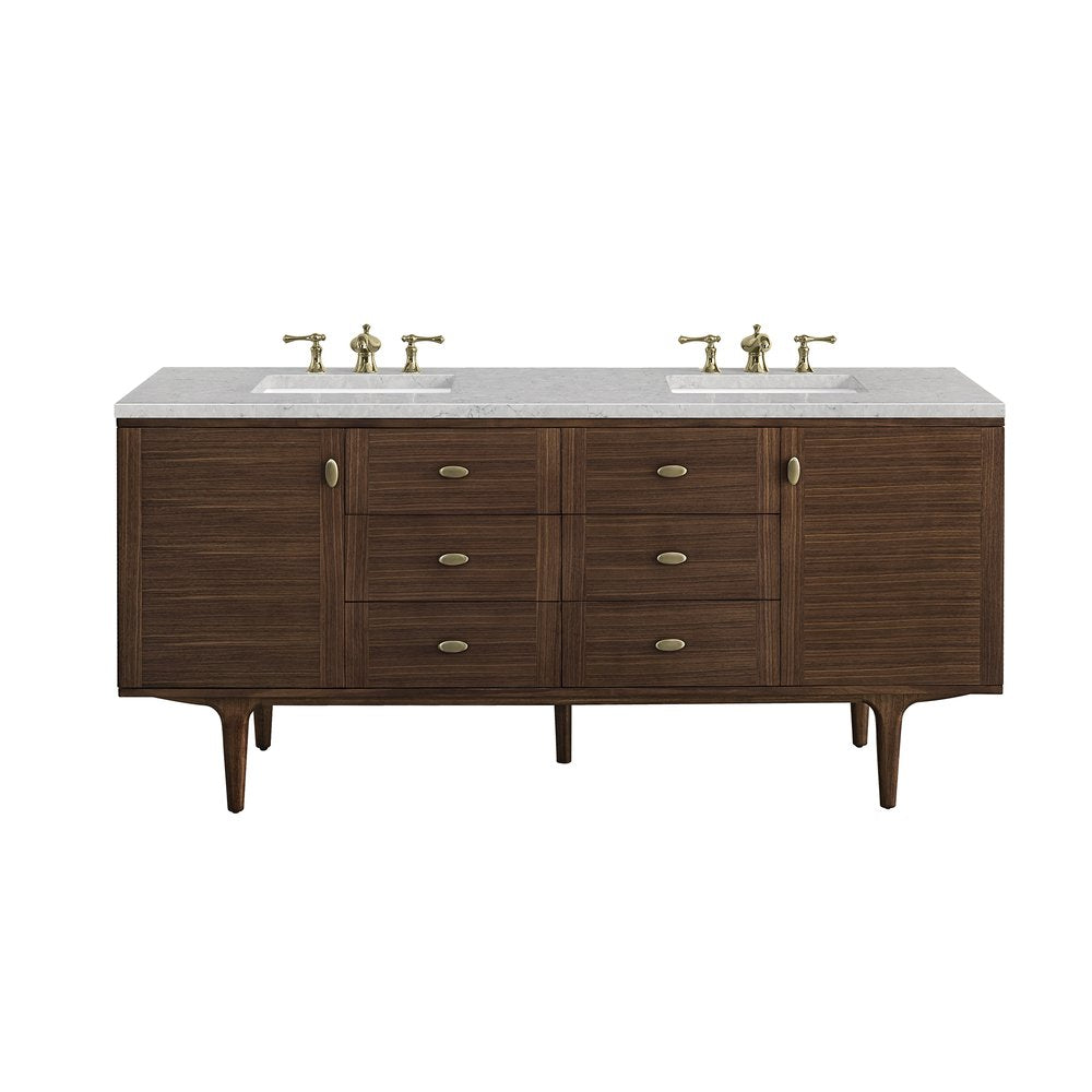 James Martin - Amberly 72" Double Vanity, Mid-Century Walnut w/ 3 CM Eternal Jasmine Pearl Top w/FreePower Wireless Charger - 670-V72-WLT-FEJP view 1