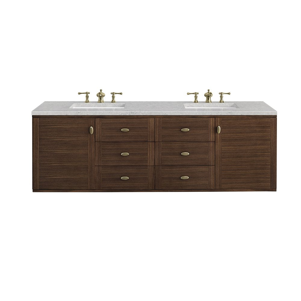 James Martin - Amberly 72" Double Vanity, Mid-Century Walnut w/ 3 CM Eternal Jasmine Pearl Top w/FreePower Wireless Charger - 670-V72-WLT-FEJP view 2
