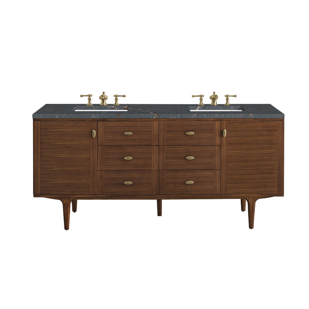 James Martin - Amberly 72" Double Vanity, Mid-Century Walnut w/ 3 CM Parisien Bleu Top - 670-V72-WLT-3PBL view 1