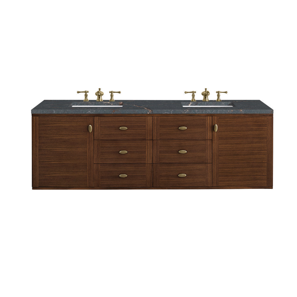 James Martin - Amberly 72" Double Vanity, Mid-Century Walnut w/ 3 CM Parisien Bleu Top w/FreePower Wireless Charger - 670-V72-WLT-FPBL view 2