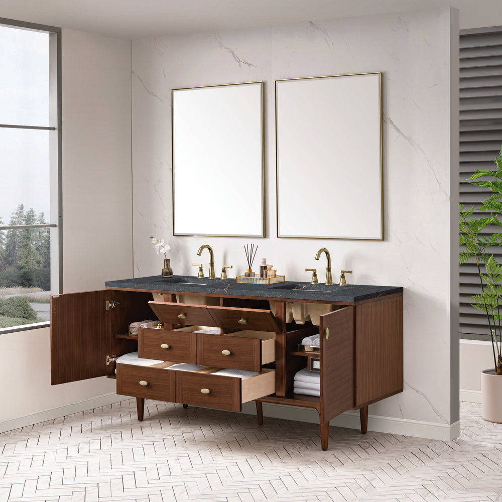 James Martin - Amberly 72" Double Vanity, Mid-Century Walnut w/ 3 CM Parisien Bleu Top w/FreePower Wireless Charger - 670-V72-WLT-FPBL view 8