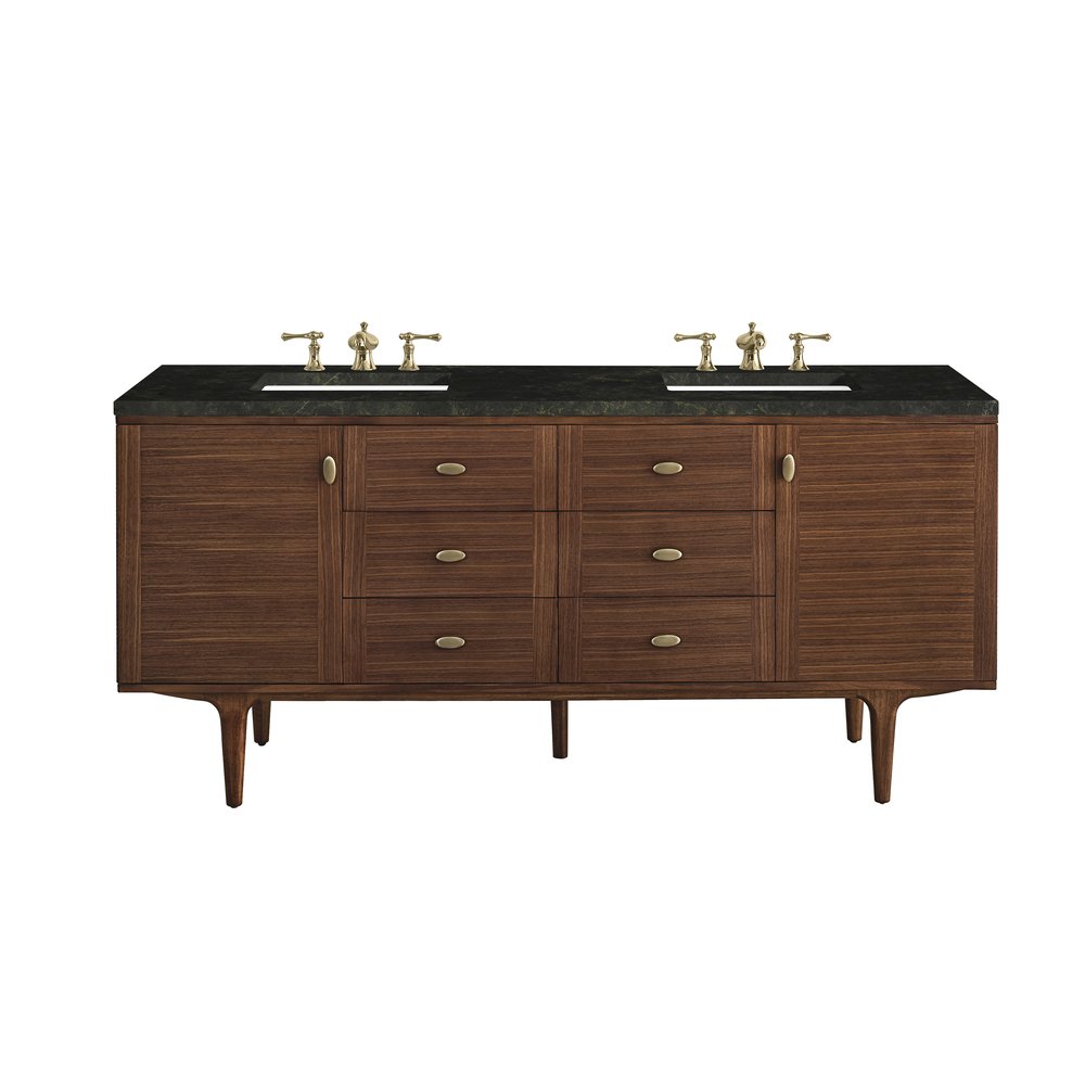 James Martin - Amberly 72" Double Vanity, Mid-Century Walnut, w/ 3 CM Phantome Eclos Top - 670-V72-WLT-3PHT view 1