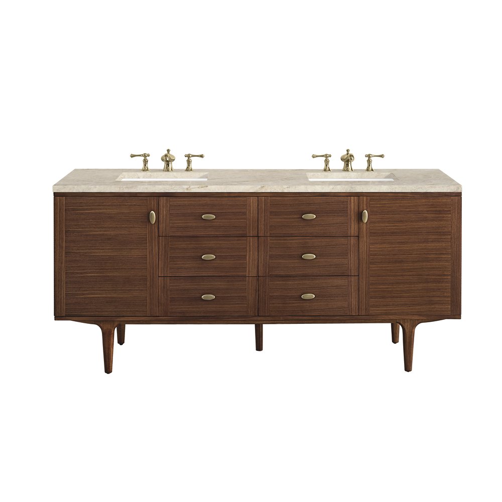 James Martin - Amberly 72" Double Vanity, Mid-Century Walnut, w/ 3 CM Tajnar Eclos Top - 670-V72-WLT-3TJR view 1