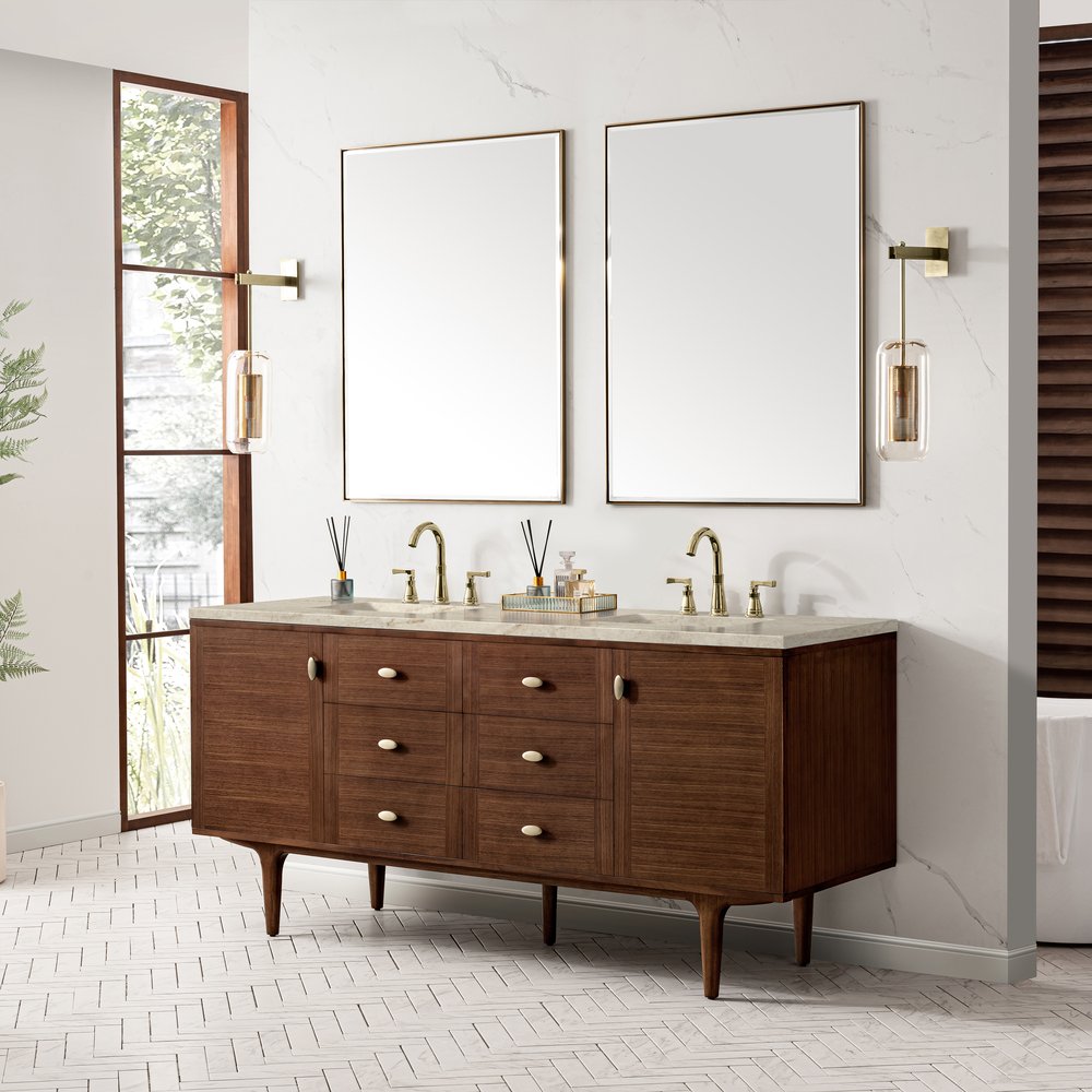 James Martin - Amberly 72" Double Vanity, Mid-Century Walnut, w/ 3 CM Tajnar Eclos Top - 670-V72-WLT-3TJR view 7