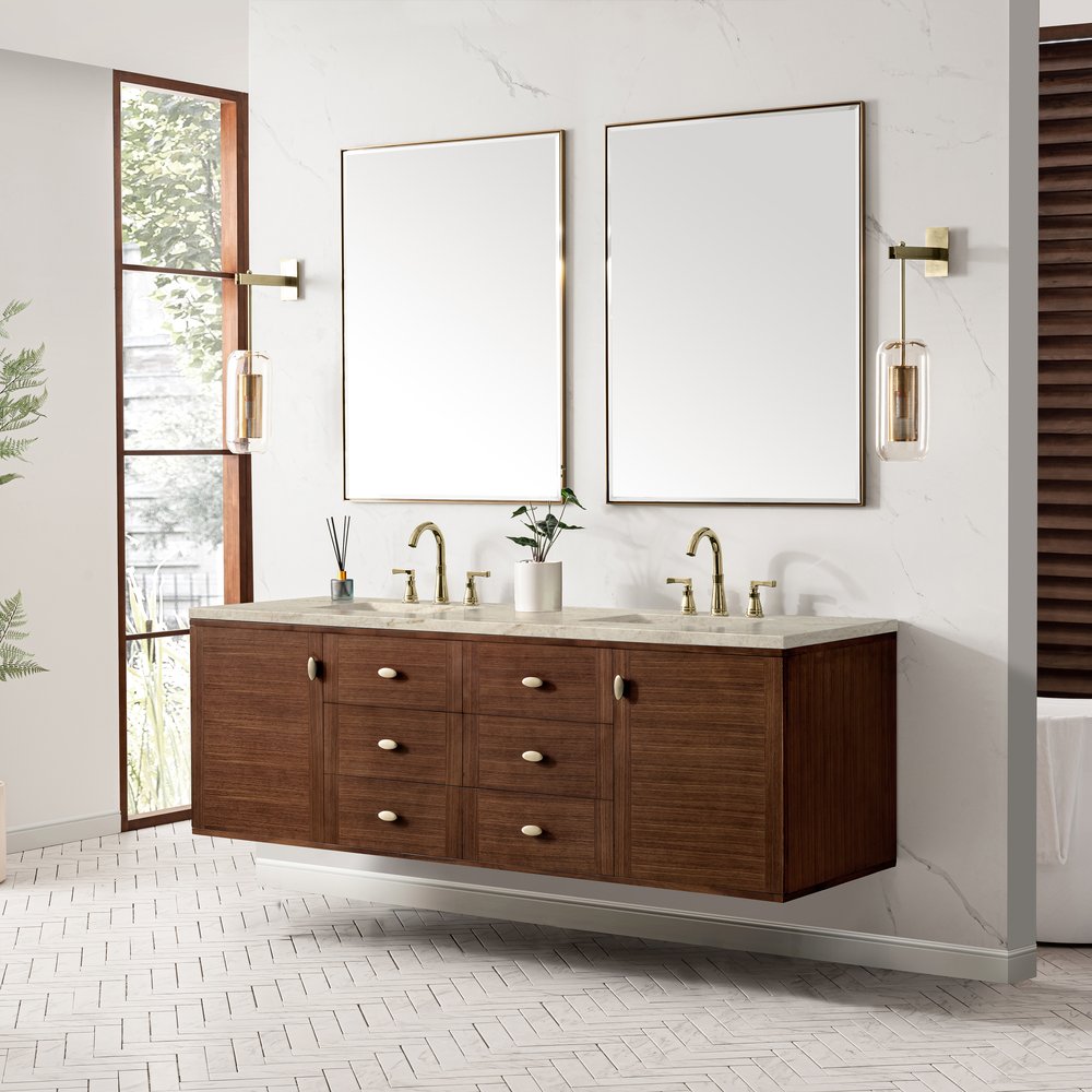 James Martin - Amberly 72" Double Vanity, Mid-Century Walnut, w/ 3 CM Tajnar Eclos Top - 670-V72-WLT-3TJR view 8
