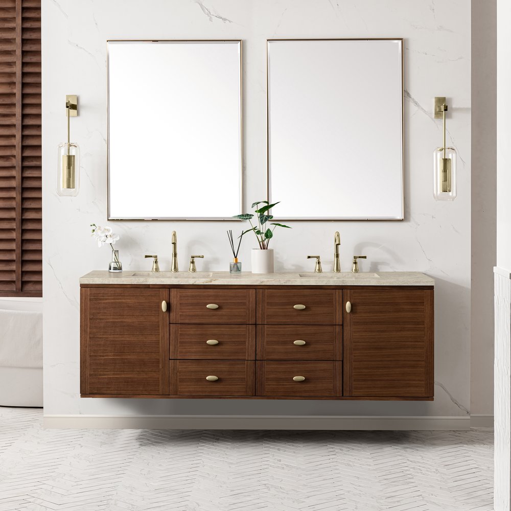 James Martin - Amberly 72" Double Vanity, Mid-Century Walnut, w/ 3 CM Tajnar Eclos Top w/FreePower Wireless Charger - 670-V72-WLT-FTJR view 6