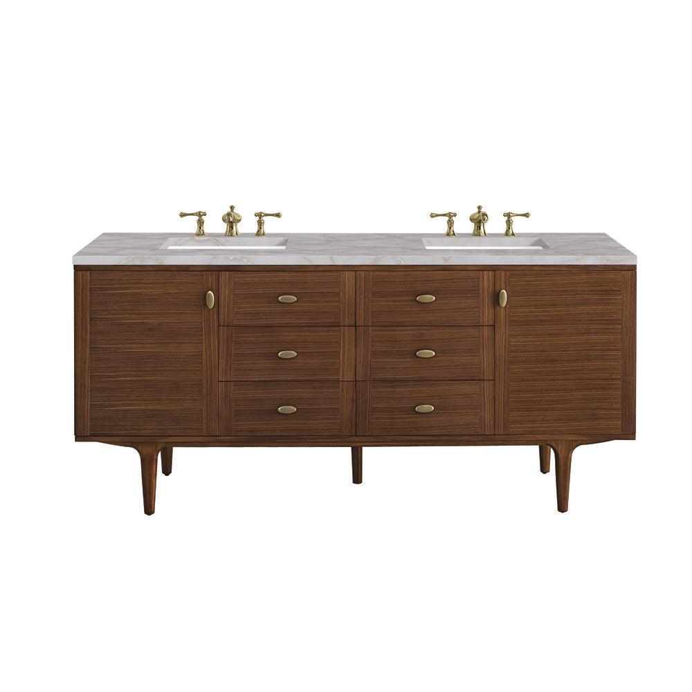 James Martin - Amberly 72" Double Vanity, Mid-Century Walnut w/ 3 CM Victorian Silver Top w/FreePower Wireless Charger - 670-V72-WLT-FVSL view 1