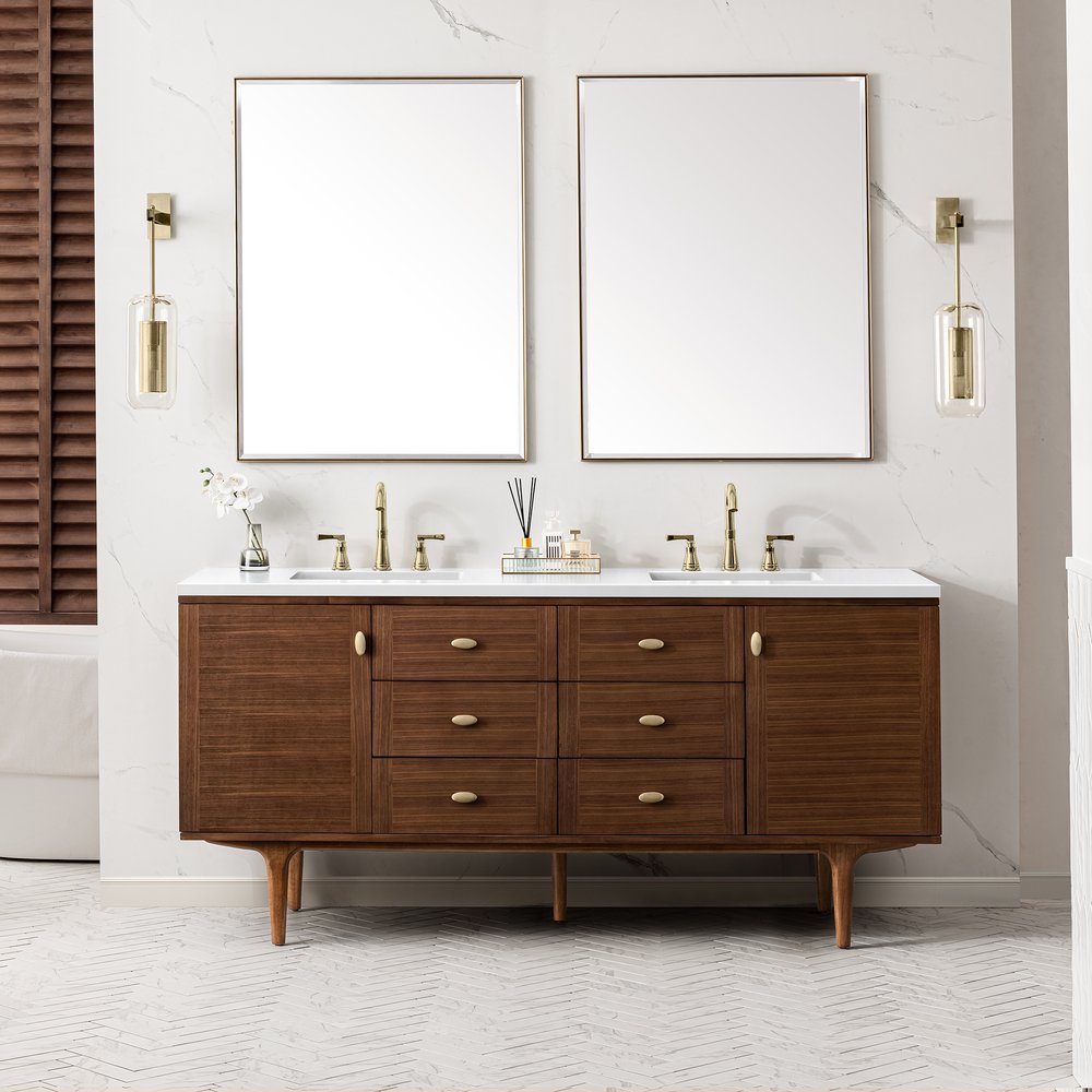 James Martin - Amberly 72" Double Vanity, Mid-Century Walnut w/ 3 CM White Zeus Top - 670-V72-WLT-3WZ view 7