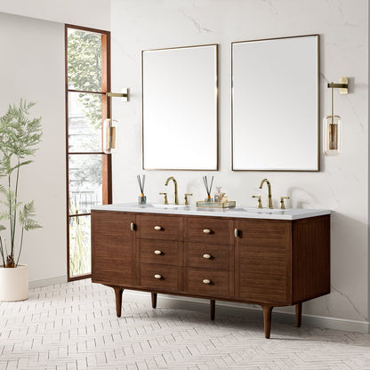 James Martin - Amberly 72" Double Vanity, Mid-Century Walnut w/ 3 CM White Zeus Top - 670-V72-WLT-3WZ view 9