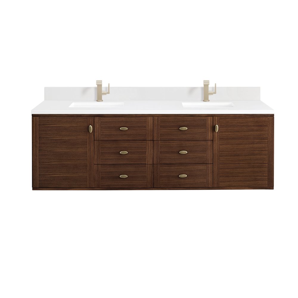James Martin - Amberly 72" Double Vanity, Mid-Century Walnut w/ Single Hole 3 CM White Zeus Top & Backsplash - 670-V72-WLT-1WZ view 1