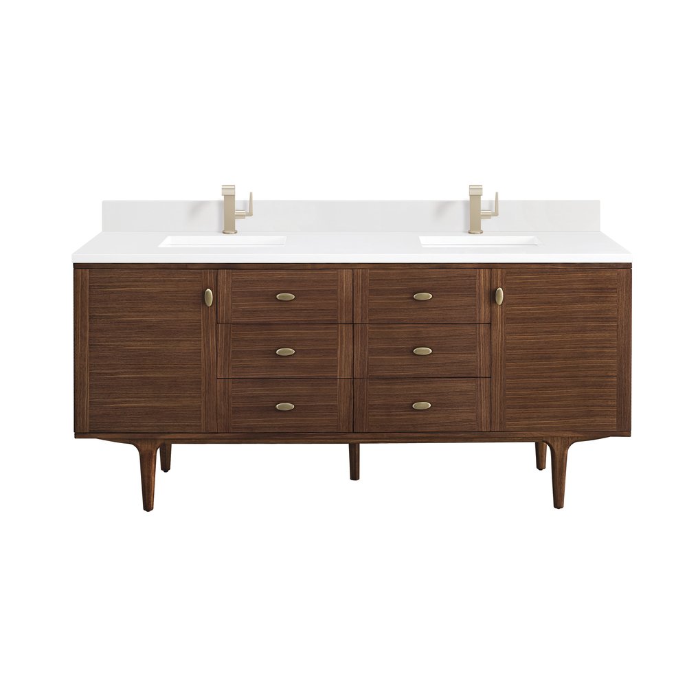 James Martin - Amberly 72" Double Vanity, Mid-Century Walnut w/ Single Hole 3 CM White Zeus Top & Backsplash - 670-V72-WLT-1WZ view 2