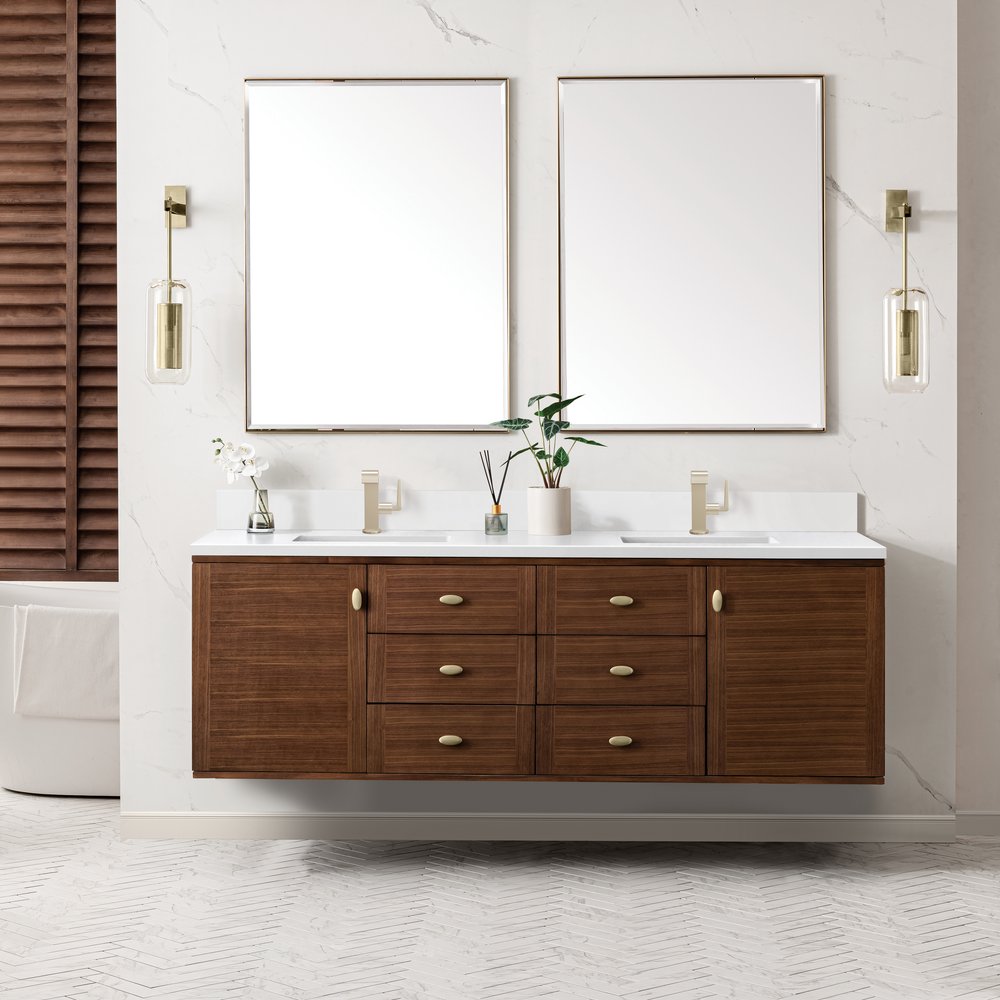 James Martin - Amberly 72" Double Vanity, Mid-Century Walnut w/ Single Hole 3 CM White Zeus Top & Backsplash - 670-V72-WLT-1WZ view 5