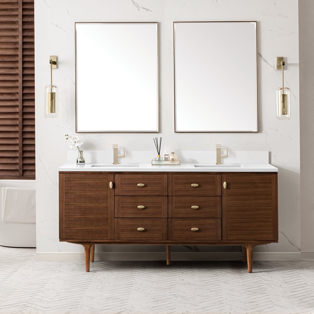 James Martin - Amberly 72" Double Vanity, Mid-Century Walnut w/ Single Hole 3 CM White Zeus Top & Backsplash - 670-V72-WLT-1WZ view 6