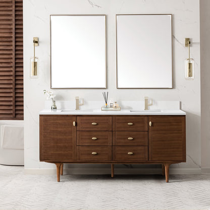 James Martin - Amberly 72" Double Vanity, Mid-Century Walnut w/ Single Hole 3 CM White Zeus Top & Backsplash - 670-V72-WLT-1WZ view 6