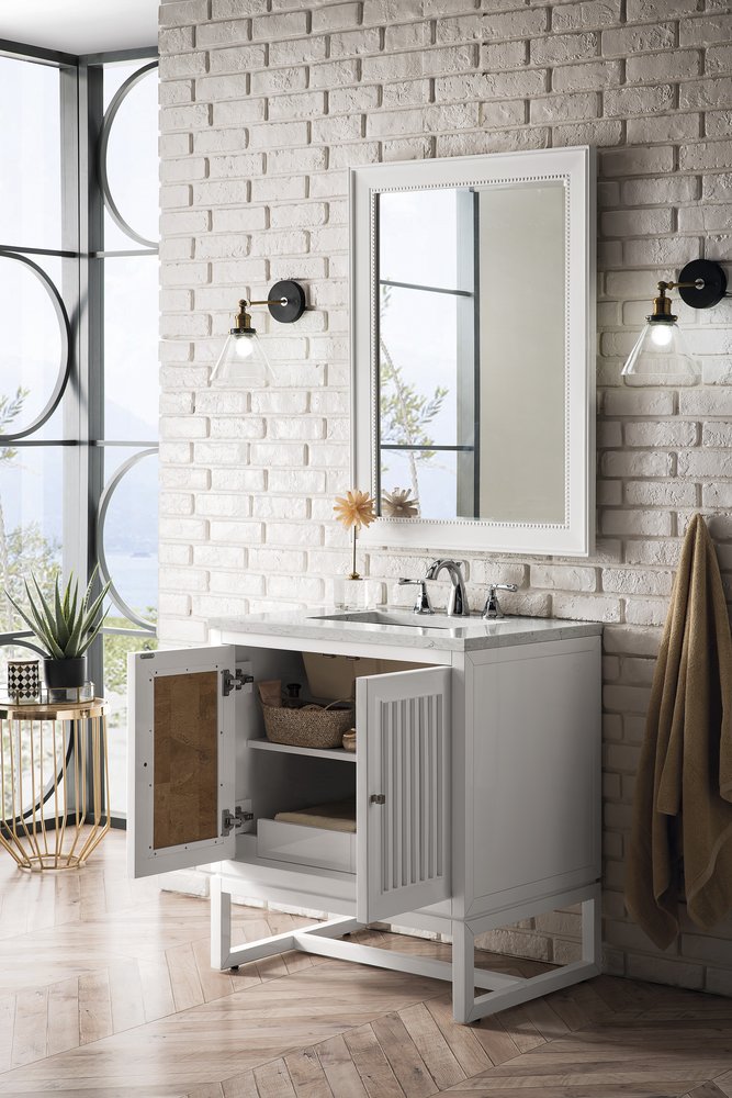 James Martin - Athens 30" Single Vanity, Glossy White w/ 3 CM Carrara White Top - E645-V30-GW-3CAR view 5