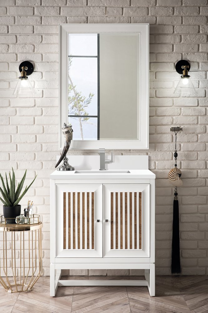 James Martin - Athens 30" Single Vanity, Glossy White w/ Single Hole 3 CM White Zeus Silestone Top & Backsplash - E645-V30-GW-1WZ view 3