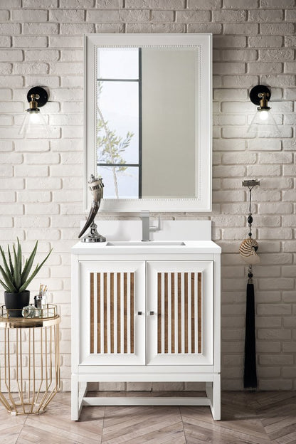 James Martin - Athens 30" Single Vanity, Glossy White w/ Single Hole 3 CM White Zeus Silestone Top & Backsplash - E645-V30-GW-1WZ view 3