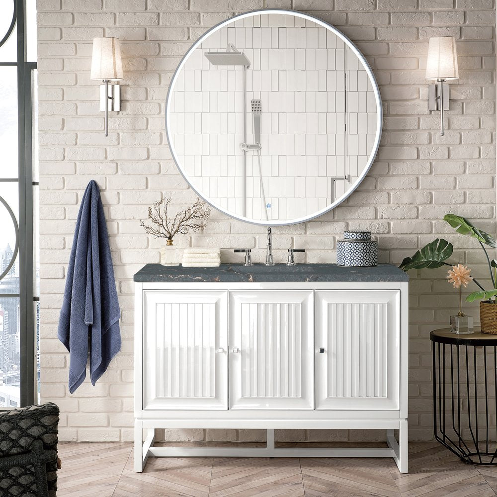 James Martin - Athens 48" Single Vanity, Glossy White w/ 3 CM Parisien Bleu Silestone Top - E645-V48-GW-3PBL view 3