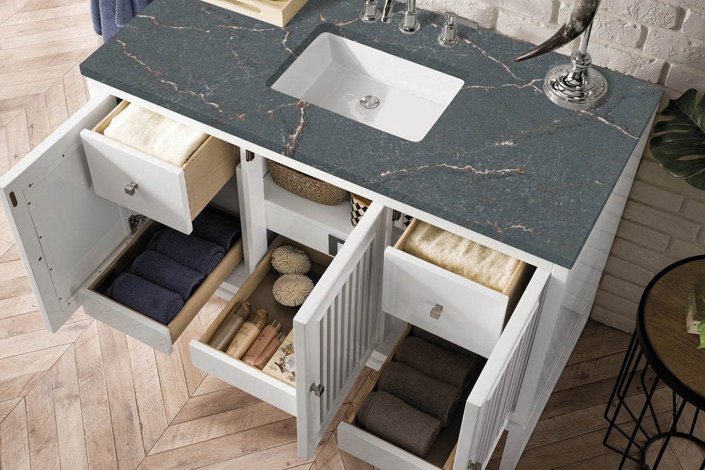 James Martin - Athens 48" Single Vanity, Glossy White w/ 3 CM Parisien Bleu Silestone Top - E645-V48-GW-3PBL view 5