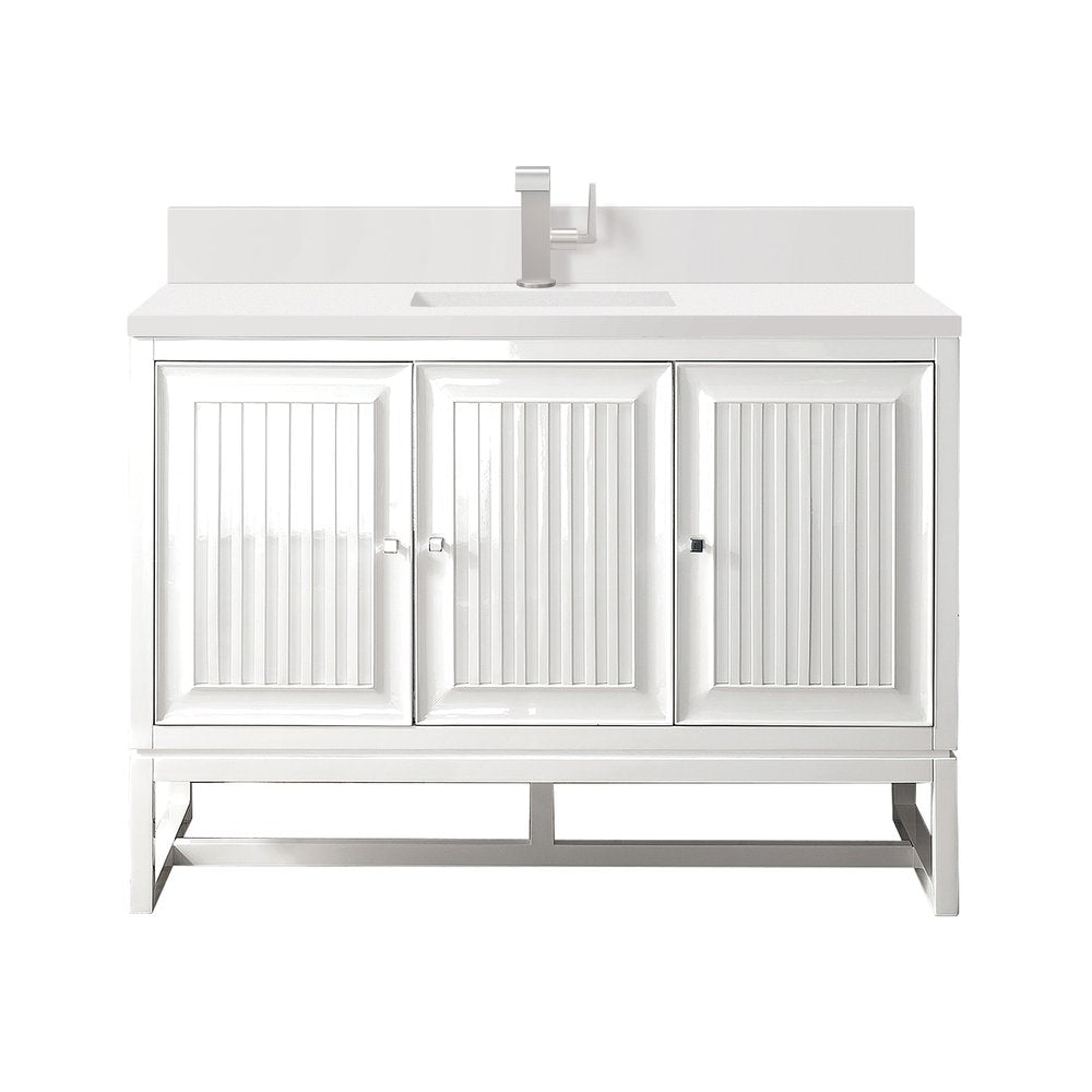 James Martin - Athens 48" Single Vanity, Glossy White w/ Single Hole 3 CM White Zeus Silestone Top & Backsplash - E645-V48-GW-1WZ view 1