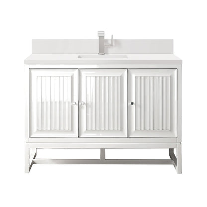 James Martin - Athens 48" Single Vanity, Glossy White w/ Single Hole 3 CM White Zeus Silestone Top & Backsplash - E645-V48-GW-1WZ view 1