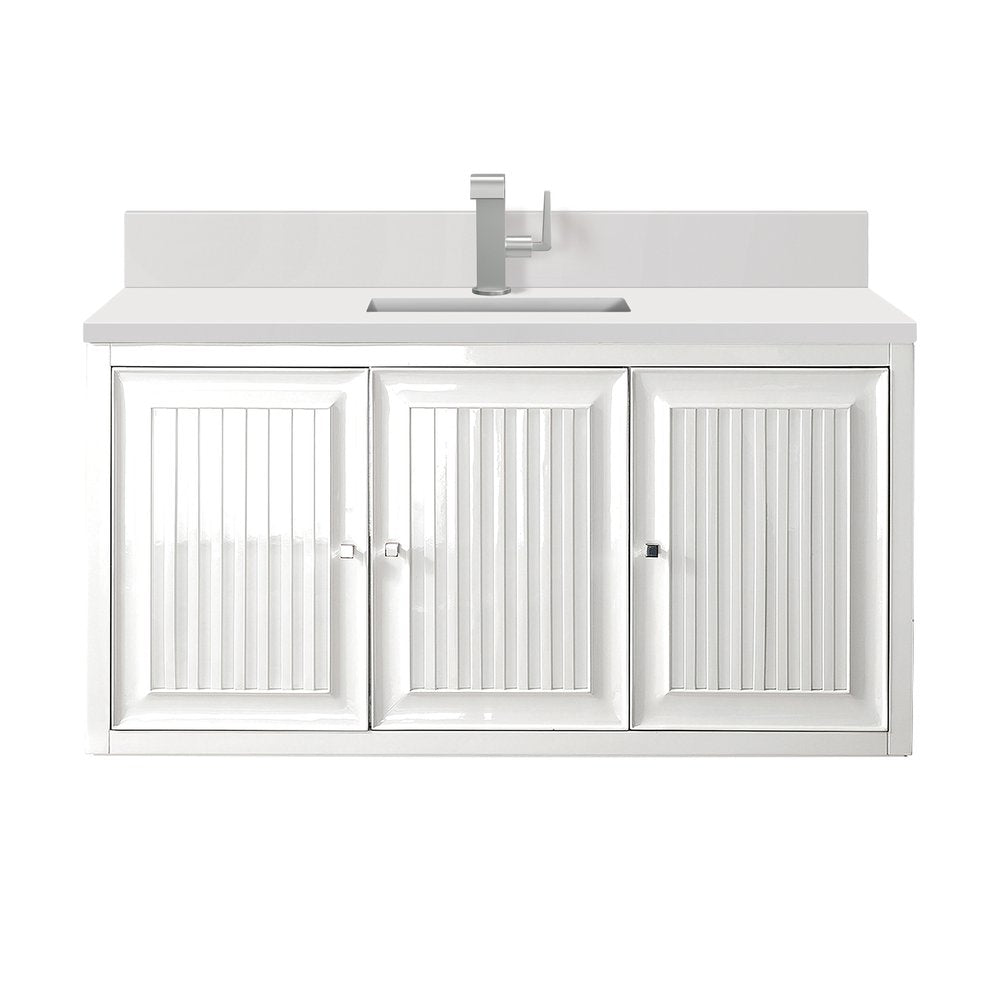 James Martin - Athens 48" Single Vanity, Glossy White w/ Single Hole 3 CM White Zeus Silestone Top & Backsplash - E645-V48-GW-1WZ view 2