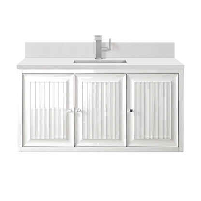 James Martin - Athens 48" Single Vanity, Glossy White w/ Single Hole 3 CM White Zeus Silestone Top & Backsplash - E645-V48-GW-1WZ view 2