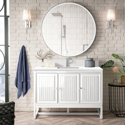 James Martin - Athens 48" Single Vanity, Glossy White w/ Single Hole 3 CM White Zeus Silestone Top & Backsplash - E645-V48-GW-1WZ view 3