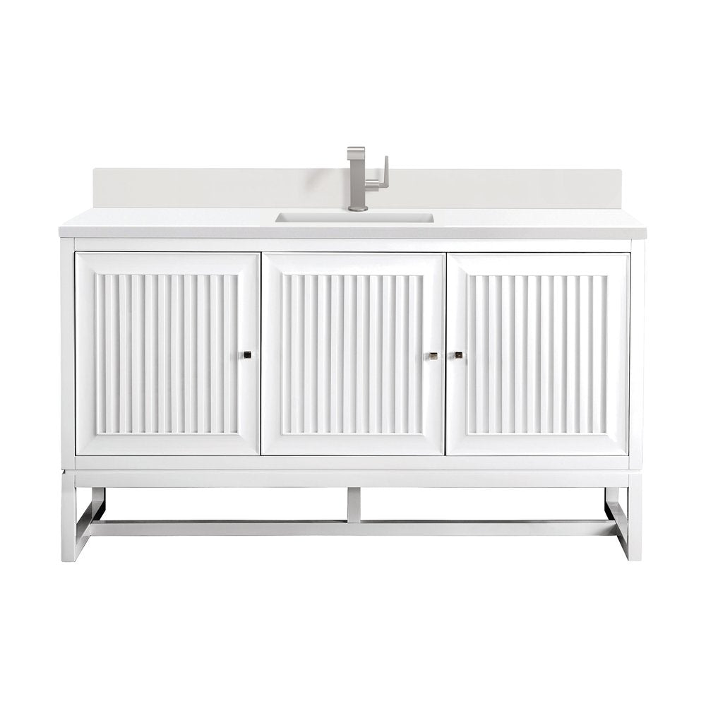 James Martin - Athens 60" Single Vanity, Glossy White w/ Single Hole 3 CM White Zeus Silestone Top & Backsplash - E645-V60S-GW-1WZ view 1