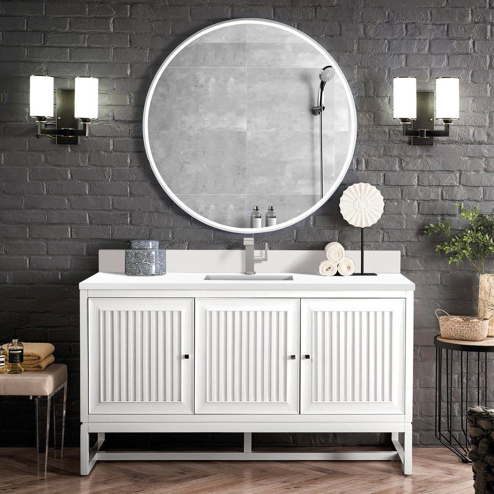 James Martin - Athens 60" Single Vanity, Glossy White w/ Single Hole 3 CM White Zeus Silestone Top & Backsplash - E645-V60S-GW-1WZ view 3