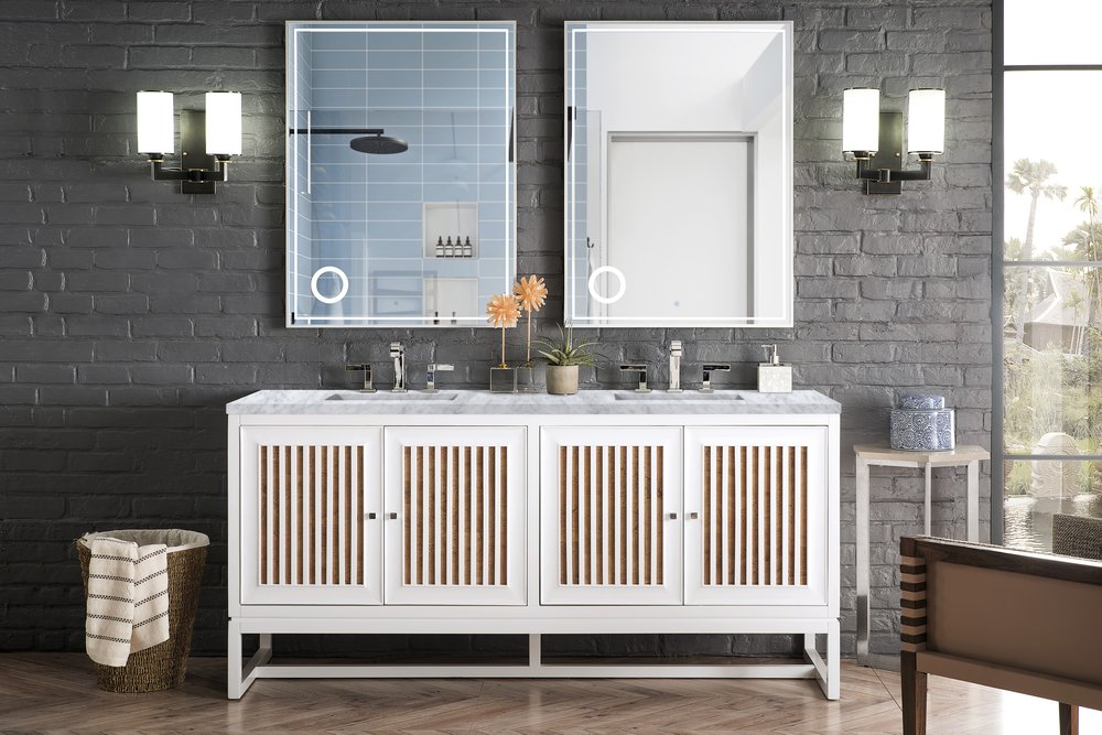 James Martin - Athens 72" Double Vanity, Glossy White w/ 3 CM Carrara White Top - E645-V72-GW-3CAR view 3